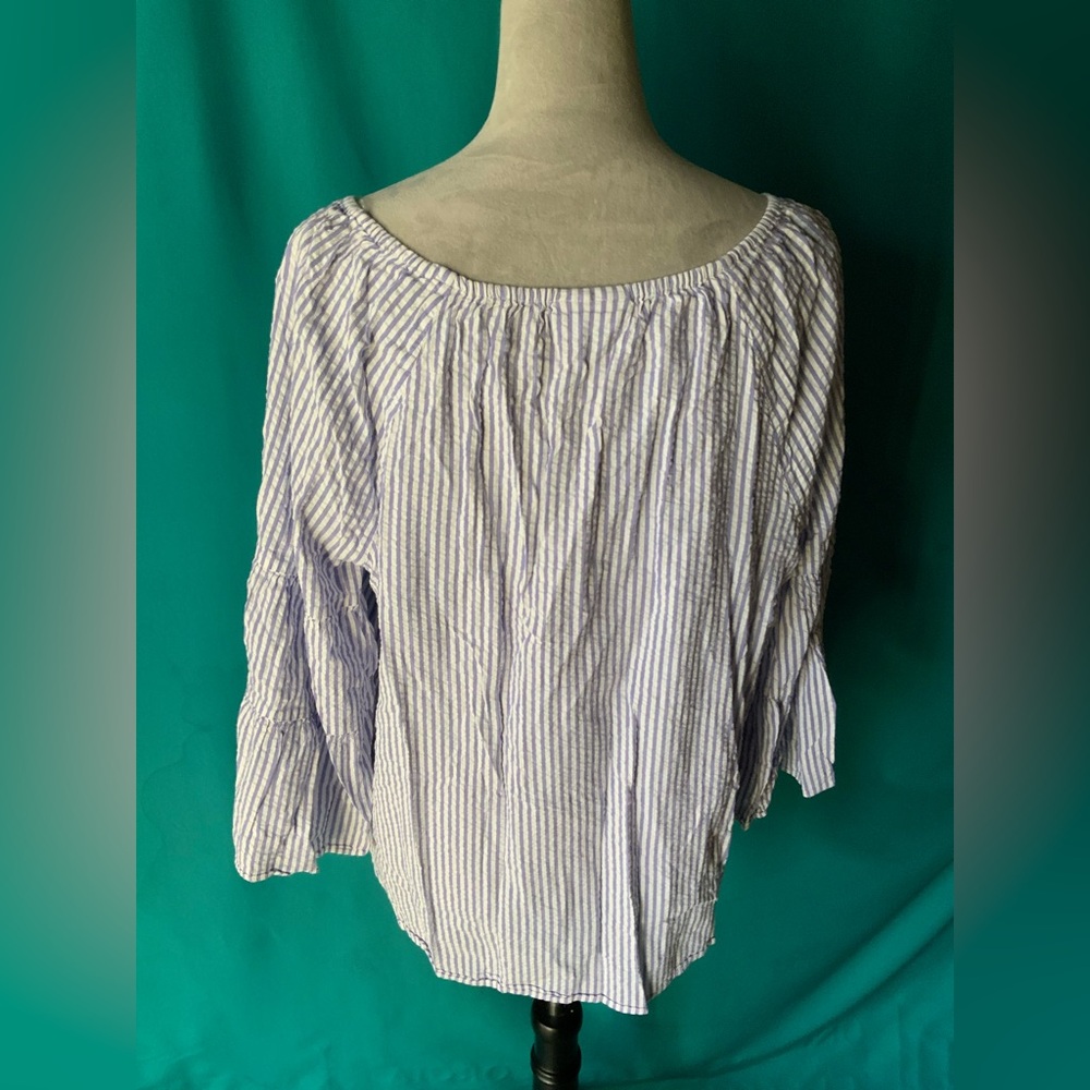 Liz Claiborne Women’s 2XL Off The Shoulder Blue Striped Blouse, EUC - Picture 3 of 3